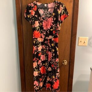 Old Navy Black Floral Midi Dress with Pink & Red Flowers
